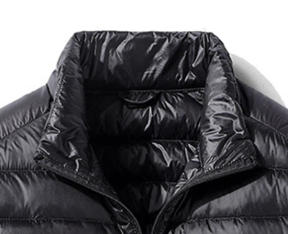 Mens black packable down jacket neck Mens black packable down jacket neck