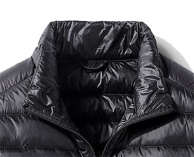 Mens black packable down jacket neck